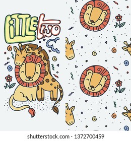 Little Two. Set of cute cartoon animal and seamless pattern. Vector clip art illustration for children design, cards, prints, coloring books