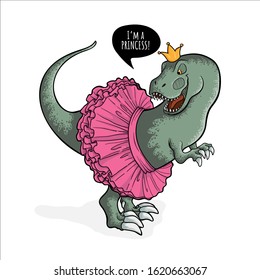 Little tyrannosaurus in pink skirt and crown in cartoons style. Vector hand drawn art of t-rex with speech bubble and text im a princess. Funny childish Dinosaur tyrannosaur rex art. Isolated on white