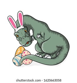 Little tyrannosaurus rex with bunny ears and easter eggs. Cute t-rex in cartoons style sitting with eggs in cartoons style. vector hand drawn illustration of dinosaur tyrannosaur  Isolated on white.