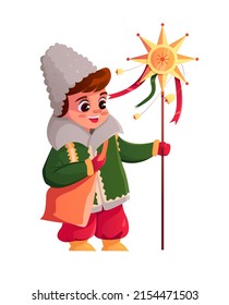 Little Ukrainian carol boy holding a Christmas star isolated on a white background. Ukrainian traditions of celebration. Vector cute Illustration in cartoon style.