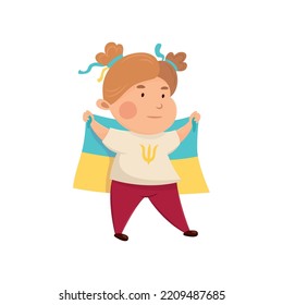 Little Ukrainian girl with the national flag in her hands. National symbols of Ukraine. Cute cartoon character. The struggle for freedom. Peaceful rally. State emblem trident. Lets stop the war