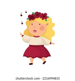 Little Ukrainian Singing Girl. Cute Cartoon Character. Ukrainian National Traditional Clothes And Headdress. Folk Culture Of Ukraine. Song As A Symbol Of Power.