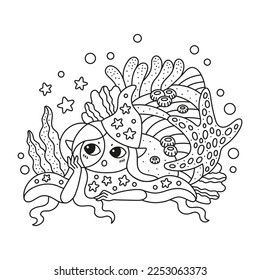 Little underwater astrologer. Cute mermaid in big shell. Star fish, seaweed. Wizard girl and magical ball. Funny coloring page for kids. Cartoon vector illustration. Isolated on white. Outlined