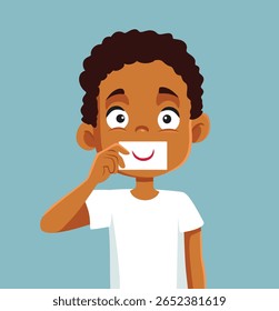 
Little Unhappy Boy Fingindo uma ilustração do conceito do vetor do sorriso. Criança sentindo-se deprimida tentando esconder seus verdadeiros sentimentos de ansiedade
