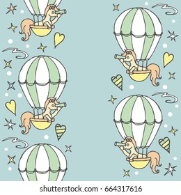 Little unicorn in air balloon looks into a spyglass / Seamless pattern with unicorns and decor elements, freehand style