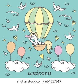 Little unicorn in air balloon looks into a spyglass / unicorn with birds and clouds, vector illustration, freehand style