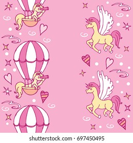 Little unicorn in air balloon looks into a spyglass / Seamless pattern with unicorns and decor elements, freehand style. Great for home textile.