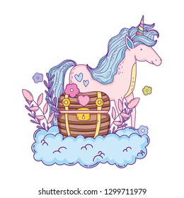 little unicorn in the clouds with treasure chest