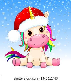 Little unicorn dressed in a Santa hat on a background of snowflakes.