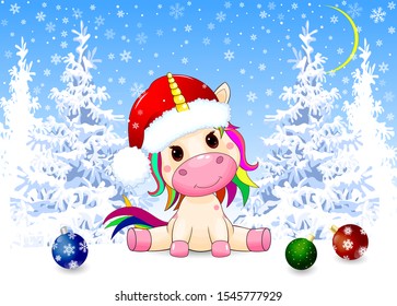 Little unicorn dressed in a Santa hat. Winter forest. Christmas night. Snow, snowflakes, trees covered with snow. Christmas decorations in the snow.
