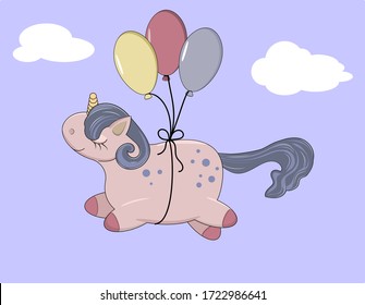 little unicorn flying with ballons, adorable baby cartoon background. lovely greeting card. vector illustration