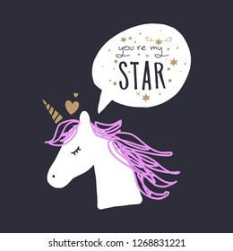 Little unicorn in love, baby stylish illustration, unique print for posters, cards, mugs, clothes and other. Vector and jpg image, clipart, editable isolated details.