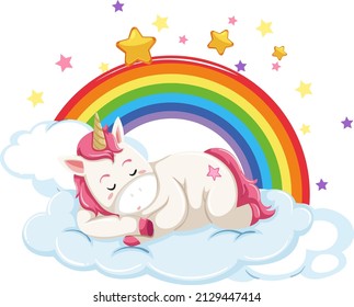 Little unicorn lying on a cloud with rainbow illustration