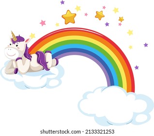 Little unicorn lying on a cloud with rainbow illustration