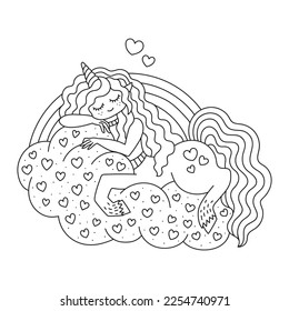 Little unicorn on the clouds. Happy horse girl with horn. Cute fantasy pony creature with rainbow. Decorated with hearts. Funny coloring page for kids. Cartoon vector illustration. Outlined. Isolated