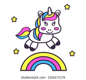 Little unicorn on the rainbow. Vector illustration.