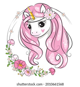  Little unicorn with pink mane and flowers. Beautiful picture for your design. Children background. Magic pony.  Hand drawn illustration  on white. Isolated.