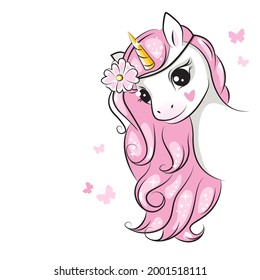  Little unicorn with pink mane and with a wreath of flowers on his head . Beautiful picture for your design. Hand drawn illustration  on white. Isolated.
