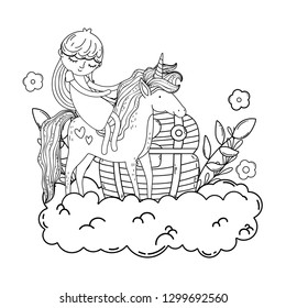 little unicorn and princess in the clouds