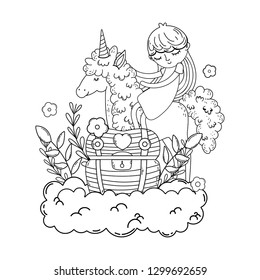 little unicorn and princess in the clouds
