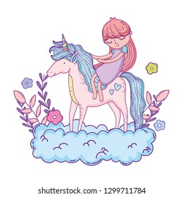 little unicorn and princess in the clouds