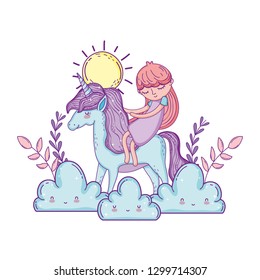 little unicorn and princess in the clouds