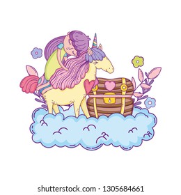 little unicorn and princess in the clouds