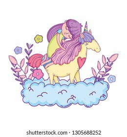 little unicorn and princess in the clouds