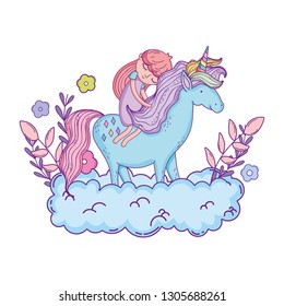 little unicorn and princess in the clouds