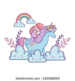 little unicorn and princess in the clouds