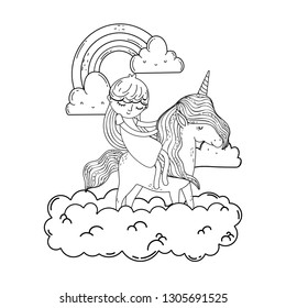 little unicorn and princess in the clouds