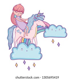 little unicorn and princess in the clouds