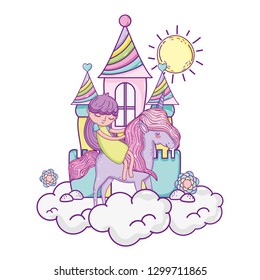 little unicorn and princess in the clouds with castle