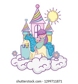 little unicorn and princess in the clouds with castle