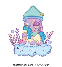 little unicorn and princess in the clouds with castle