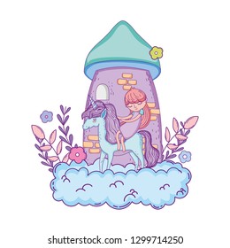 little unicorn and princess in the clouds with castle