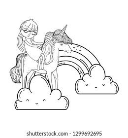 little unicorn and princess in the clouds with rainbow