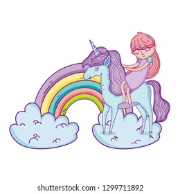 little unicorn and princess in the clouds with rainbow