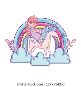 little unicorn and princess in the clouds with rainbow