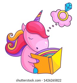 Little unicorn princess is reading the book, dreaming about wedding. Pink cartoon unicorn, vector illustration.