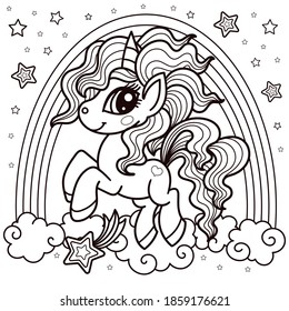 Little unicorn and rainbow. Black and white image. Doodle style. For children's design of prints, posters, coloring books, tattoos, stickers, badges. Vector