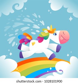 Little Unicorn with rainbow and clouds.