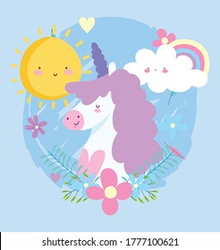 little unicorn rainbow flowers sun cloud fantasy magic animal cartoon vector illustration