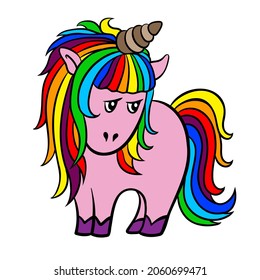 little unicorn with rainbow mane. children's illustration. linear drawing. vector