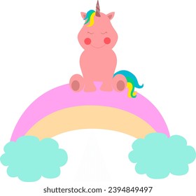 Little Unicorn sitting on Rainbow cartoon