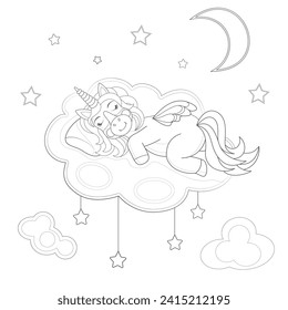 Little unicorn sleeping on cloud. Cartoon vector illustration for coloring book or coloring page.