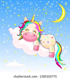 A little unicorn sleeps sweetly on a cloud on Christmas night. Shining moon, winter snowy night with snowflakes and glowing stars.