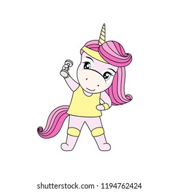 The little unicorn in sports uniform does exercises with dumbbells. Little unicorn makes bends with dumbbells.