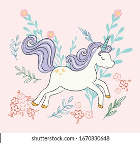 little unicorn with spring flowers vector illustration, kids fashion artwork 