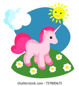 A little unicorn is standing in a clearing. Vector illustration in a flat style.